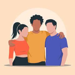 Fototapeta premium An illustration representing friendship with three diverse individuals posed together, symbolizing unity, acceptance, and the importance of community in our lives.