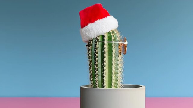 Cactus adorned with festive Santa hat and stylish sunglasses, captured in a playful scene with vibrant colors, showcasing a whimsical holiday spirit, camera pans to reveal full character