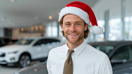 Smiling man in Santa hat gives thumbs up in a car dealership, showcasing festive spirit and customer service, as camera smoothly zooms in and transitions to a wider view of the showroom