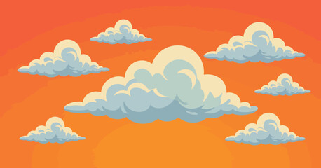 This colorful image features fluffy clouds against a vibrant orange sunset sky, capturing a moment of serenity and beauty in nature that conveys warmth and tranquility.