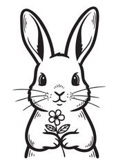 Obraz premium Black outline drawing of a cute rabbit holding a small flower in its paws, with large ears and a charming expression.