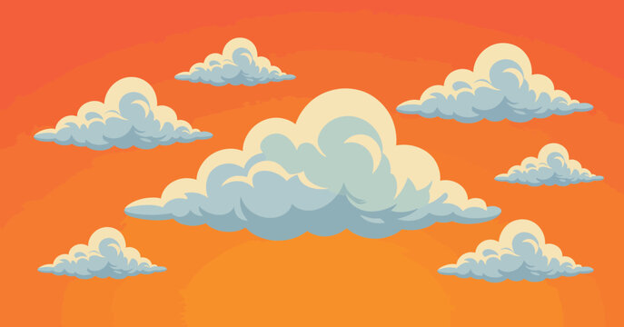 This colorful image features fluffy clouds against a vibrant orange sunset sky, capturing a moment of serenity and beauty in nature that conveys warmth and tranquility.