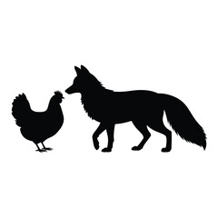 Silhouette of a fox and a chicken on a white background