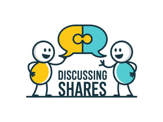 A friendly illustration depicting two characters discussing shares, embodying the concept of investing and financial dialogue in a straightforward and relatable manner.