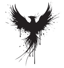 Obraz premium Black silhouette of a splatter-style phoenix with outstretched wings, conveying a sense of rebirth and strength through dynamic, dripping ink strokes.