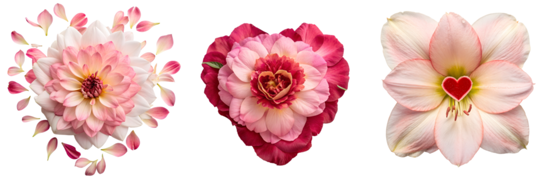 Set of A pink and red flower with a heart shape isolated on a transparent background - Powered by Adobe