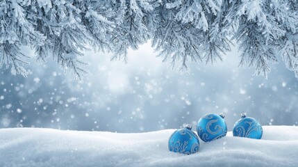 A serene winter scene featuring three blue Christmas ornaments with icy patterns resting in fresh snow in the foreground, framed by frosted pine branches above, against a soft, luminous blue backgroun