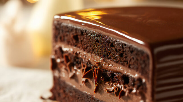 Decadent slice of rich chocolate layer cake with glossy ganache frosting