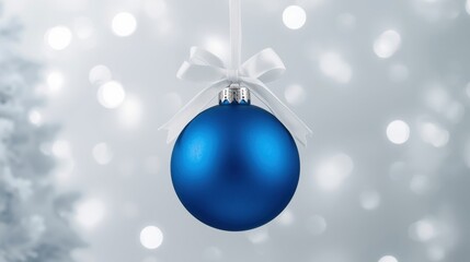 A high-key photograph of a single, matte royal blue Christmas ornament hanging from a white ribbon and bow, set against a bright, luminous background of soft bokeh lights and the frosted branches of a