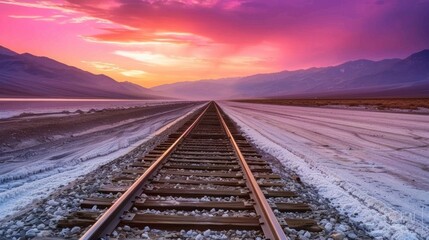 Railway Tracks Leading Toward Mountain Sunset in Vibrant Pink Purple Sky