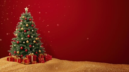 A vibrant holiday graphic featuring a fully decorated Christmas tree and gifts on the left, standing on a mound of golden glitter, all set against a bright, gradient red background with floating snowf