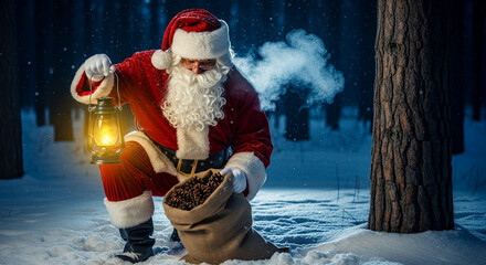 Santa Claus harvesting pinecones under lantern light in a dark snowy forest, cold blue night tones, warm glow, visible breath in cold air