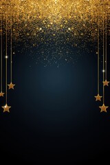 A vertical graphic design featuring a heavy cascade of golden glitter and sparkles across the top border, with multiple golden stars suspended by thin lines, all set against a dark, dramatic blue-blac