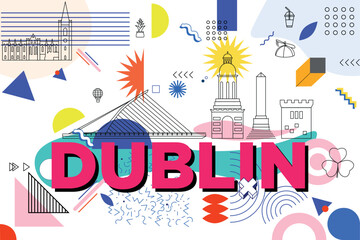 Typography word Dublin branding technology concept. Collection of flat vector web icons. Chinese culture travel set, architectures, specialties Memphis silhouette. Doodle Ireland famous landmarks.