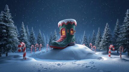 A 3D fantasy illustration of a large, festive red boot (decorated like a small house) sitting on a snowy mound, surrounded by snow-covered pine trees and several oversized candy canes, all set under a