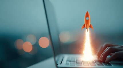 A bright orange toy rocket ship takes off from a laptop keyboard, symbolizing a successful startup launch and business growth