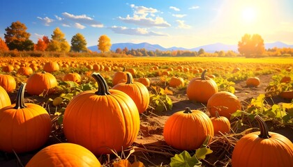 Autumn Pumpkin Patch in Sunny Field.