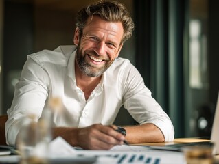 Fototapeta premium A happy and smiling businessman in a white shirt in the office - Generative AI