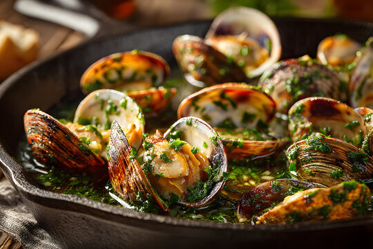 Steamed Clams with garlic, parsley and white wine in a cast iron pan