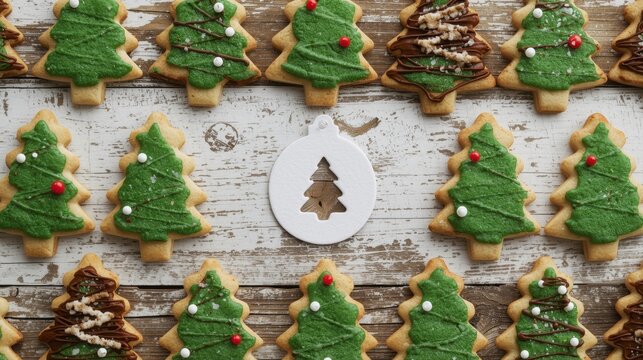 A flat lay photo showing two horizontal, parallel rows of green, Christmas tree-shaped cookies, separated by a central white, round ornament (or cookie cutter) with a tree silhouette cutout, all place - Powered by Adobe