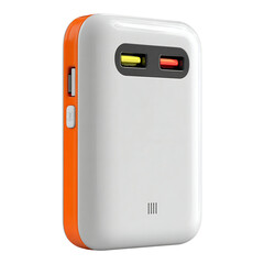Compact portable power bank with bright orange accents and dual USB charging ports