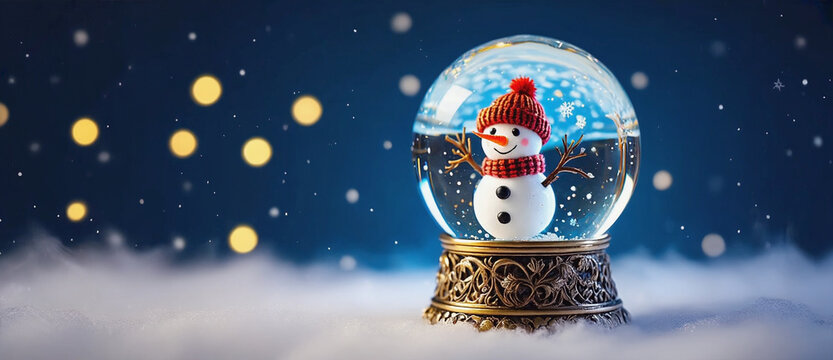 Snow Globe Winter Wonderland: A whimsical snow globe houses a charming snowman, surrounded by a magical winter scene, complete with softly falling snowflakes and a touch of holiday spirit. - Powered by Adobe