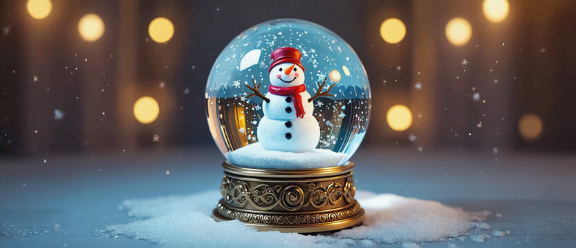 Snowman in a Snow Globe: A cheerful snowman, adorned with a festive hat and scarf, is encapsulated within a delicate snow globe, snowflakes softly falling.