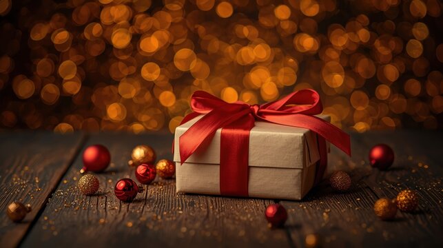 A white gift box tied with a bright red ribbon and bow rests on a dark, rustic wooden table, surrounded by small red baubles and gold glitter, with a background of warm, blurred bokeh lights. - Powered by Adobe
