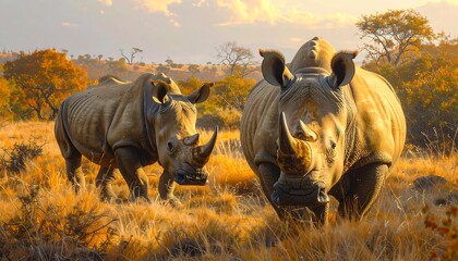 Two Rhinos in a Golden Savanna Landscape.