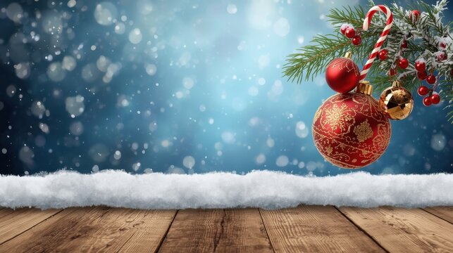 A snowy wooden table surface with a rolled snow border holds a decorated pine branch, featuring red ornaments and a candy cane, set against a blurred, frosty blue background with falling snow and boke