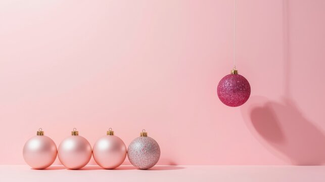 A minimalist scene with a pink background features a row of four pastel pink and off-white Christmas ornaments on the floor, while a fifth pink bauble hangs, casting a long shadow to the right.