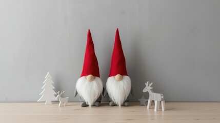 Obraz premium Two cute Scandinavian-style gnomes with tall red hats and long white beards sit side-by-side on a light wooden surface next to small white Christmas decorations, against a solid gray background.
