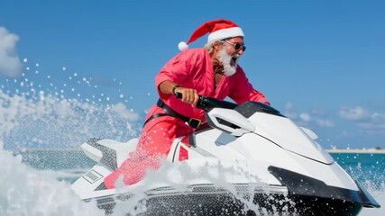 Enthusiastic man in festive attire rides jet ski across vibrant ocean waves, showcasing excitement and adventure, with dynamic camera movement capturing the thrilling experience of water sports