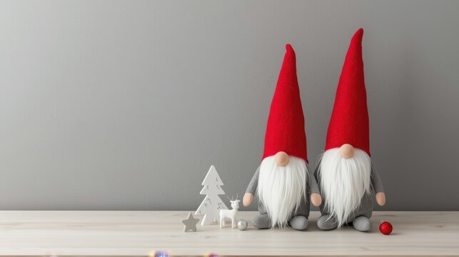 Two cute Scandinavian-style gnomes with tall red hats and long white beards sit side-by-side on a light wooden surface next to small white Christmas decorations, against a solid gray background.