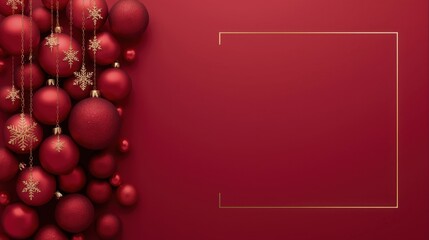 A dark crimson background with a subtle golden frame on the right side, bordered on the upper left by a cluster of hanging red Christmas baubles and golden snowflake decorations.