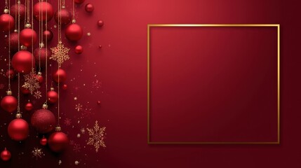 A dark crimson background with a subtle golden frame on the right side, bordered on the upper left by a cluster of hanging red Christmas baubles and golden snowflake decorations.