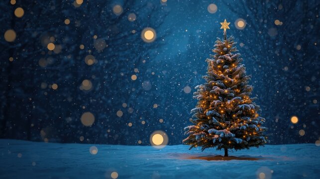 A beautifully lit Christmas tree with a glowing star on top stands alone in a dark, snowy forest at night, illuminated by golden lights and surrounded by falling snow and bokeh.