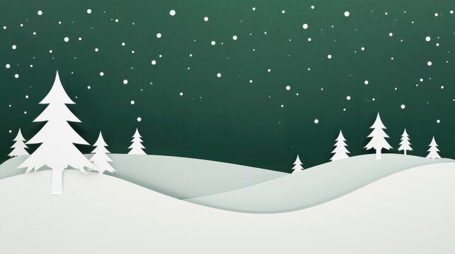 A minimalist, layered paper-cut style illustration depicting a snowy winter landscape with white pine trees and rolling snowdrifts beneath a dark teal sky with falling white snowflakes.