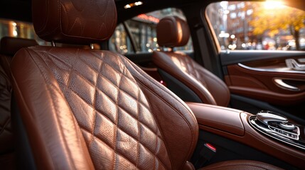 Obraz premium Closeup of the luxurious brown leather seats in a modern car, showcasing the intricate stitching and elegant design with a blurred city background