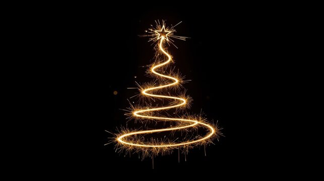 A minimalist Christmas tree shape is drawn with a glowing, sparkling golden light trail, resembling a sparkler, set against a solid black background.