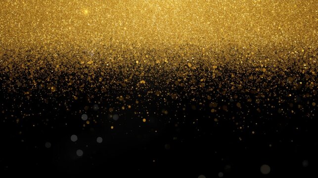 A vibrant golden glitter texture gradually fades and falls downward into a solid black background, creating a high-contrast abstract dust or particle effect.