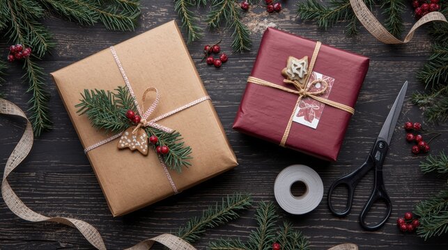 Two wrapped Christmas gifts (one beige, one deep red) decorated with star biscuits and pine sprigs are centered on a dark wooden background, framed by evergreen branches, red berries, thread, and scis