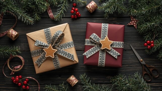 Two wrapped Christmas gifts (one beige, one deep red) decorated with star biscuits and pine sprigs are centered on a dark wooden background, framed by evergreen branches, red berries, thread, and scis