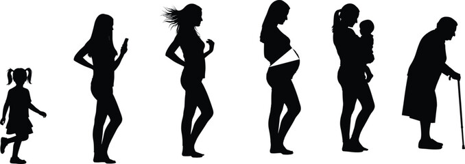 Female life stages silhouette illustration, childhood to adulthood, pregnancy and motherhood, aging process, generational diversity, lifestyle identity, community connection artwork