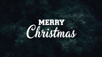 The words "MERRY Christmas" in white script and block letters are centered over a dark, close-up background of pine or fir tree branches with falling snow.