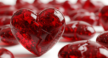 A single translucent red heart shaped candy stands out amongst a collection of similar candies isolated on white background
