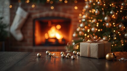 A subtly wrapped gift box lies on a dark wooden floor, with a blurred, warm background featuring a cozy fireplace and a Christmas tree adorned with golden lights.