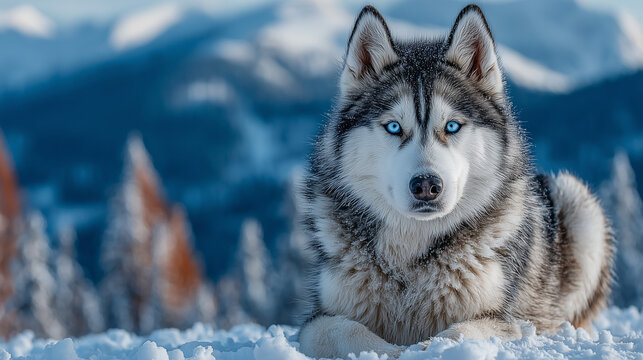 Close up a very beautiful siberian husky white blue eyes , snow mountain is background. - Powered by Adobe