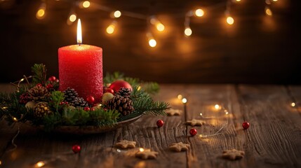 A single red pillar candle is burning brightly in a small Advent wreath of pine branches and pinecones, set on a rustic wooden table with scattered star cookies and blurred string lights in the backgr
