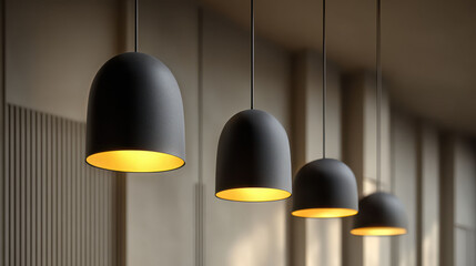 A row of modern black pendant lights hang from the ceiling, casting a warm glow in a minimalist interior design setting